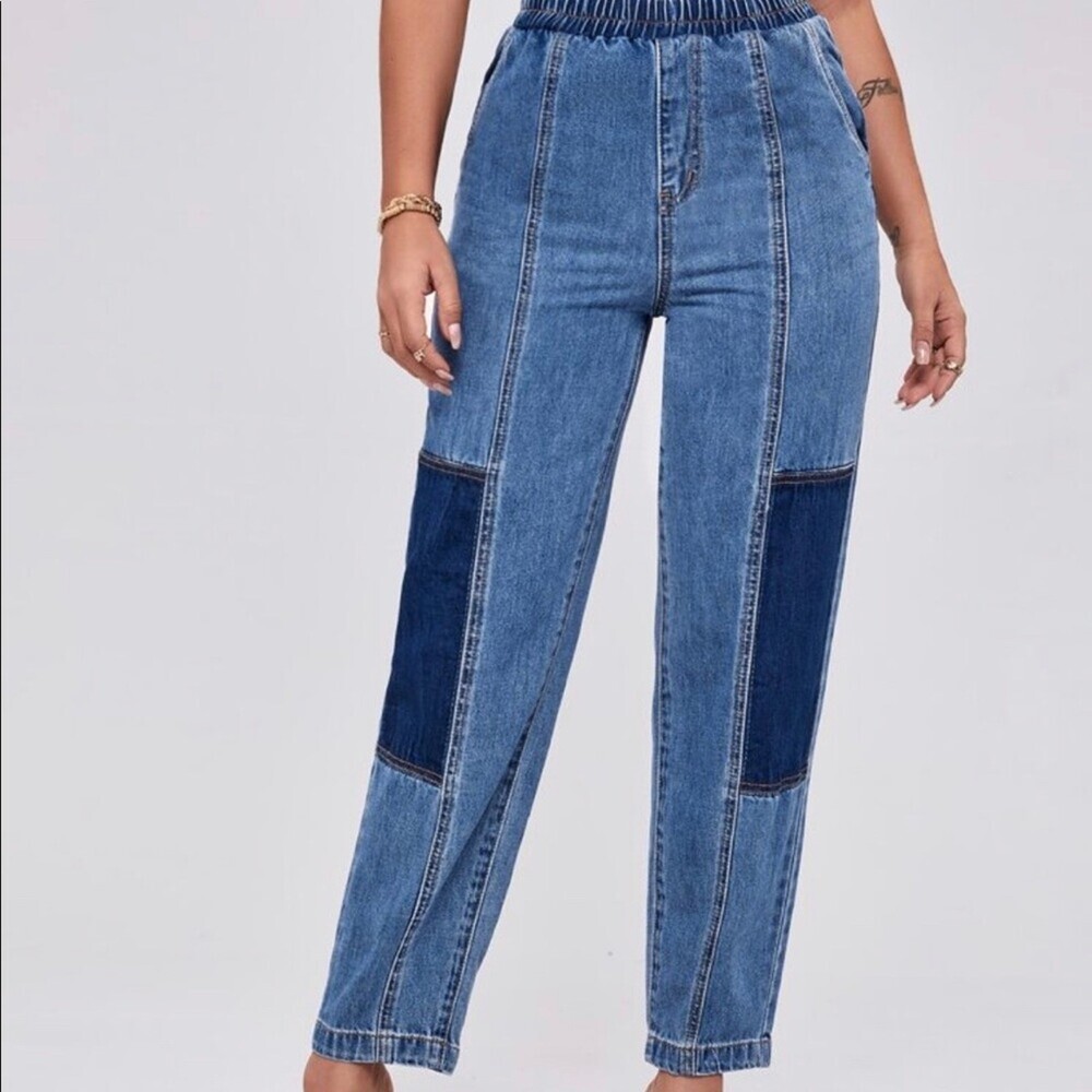 BDG jeans PATCHWORK DENIM PANTS Elastic Waist Spliced Mom Cropped pants  SZ sm